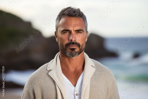 Portrait of handsome man looking at camera while standing on the beach