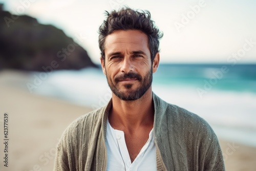 Portrait of handsome man looking at camera at beach during sunny day