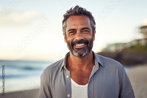 Portrait of handsome mature man smiling and looking at camera on the beach