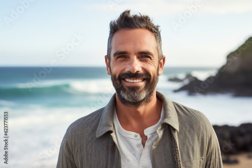 Portrait of handsome man smiling at camera on beach in the sunshine