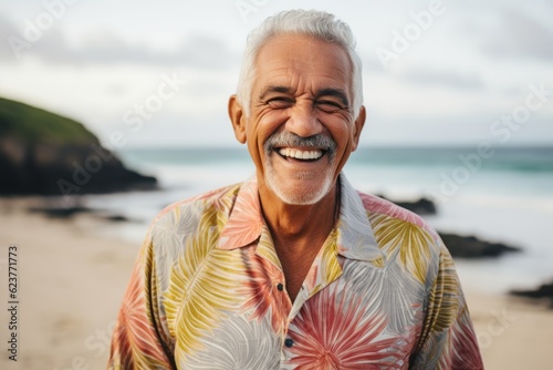 Portrait of senior man smiling while standing at beach on a sunny day