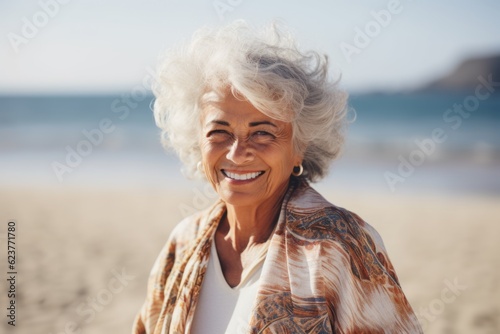 Portrait photography of a satisfied Brazilian woman in her 90s wearing a cozy sweater against a beach background 