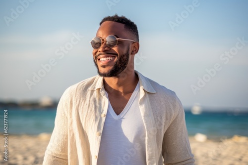 Portrait of smiling african american man in sunglasses on the beach