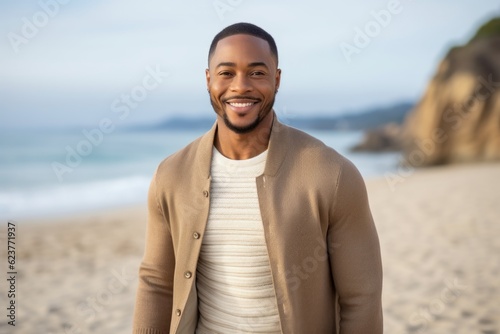 Portrait of smiling young african american man standing on beach