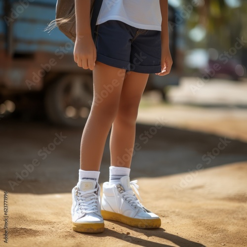 Ready for the Adventure: A Close-up of a Girl's Legs and Backpack on her First Day of School with Generative AI technology