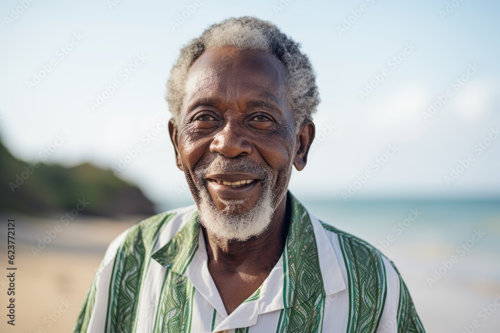 Portrait of smiling senior man standing on beach at the day time