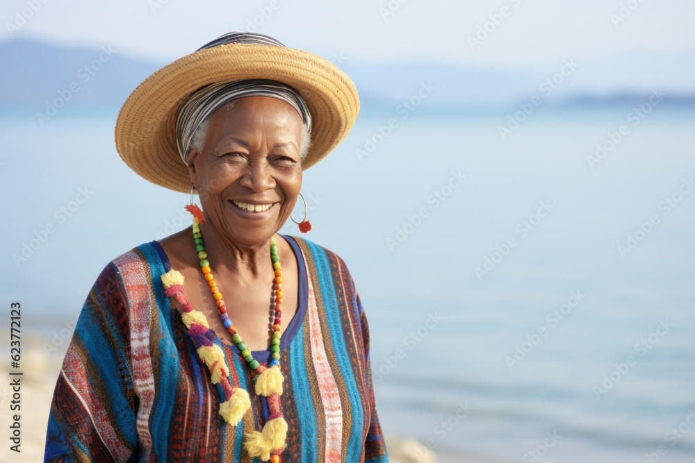 Portrait of happy senior woman smiling and looking at camera on the beach