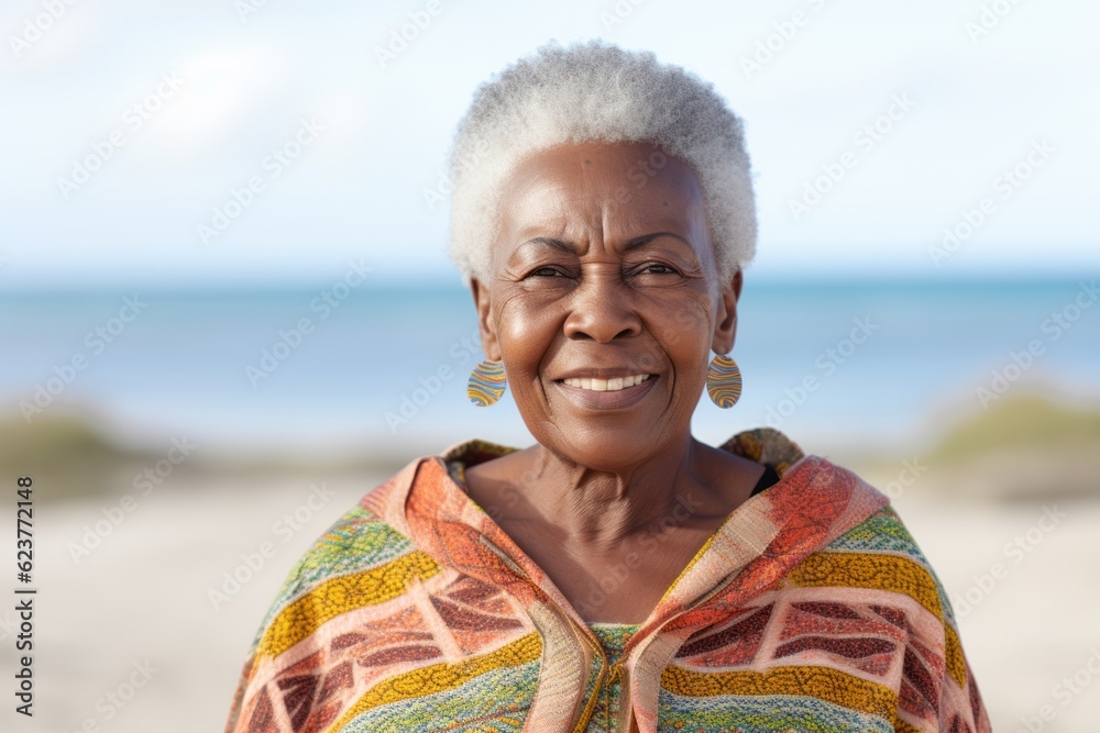 Portrait of happy senior african american woman smiling on the beach