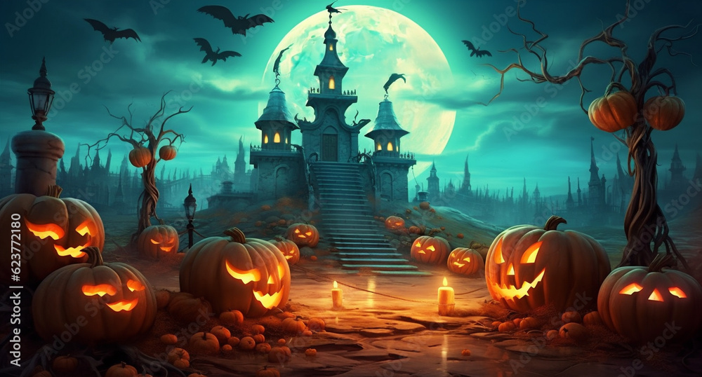 cemetery horror pumpkin holiday bat night grave dark halloween moon. Generative AI.
