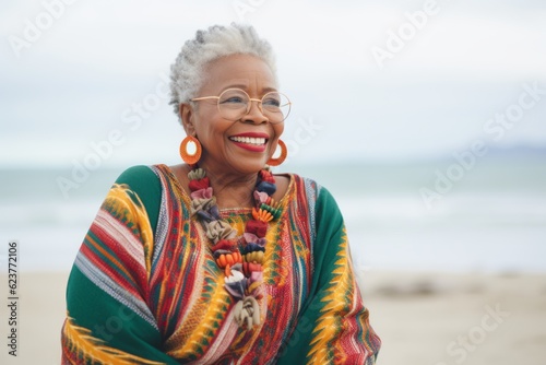 Portrait of senior woman wearing poncho and eyeglasses on the beach