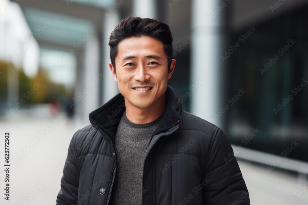 Portrait of handsome asian man smiling and looking at camera outdoors Portrait of handsome asian man smiling and looking at camera outdoors