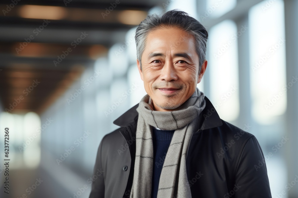 Obraz premium Portrait of smiling mature asian man in winter coat and scarf
