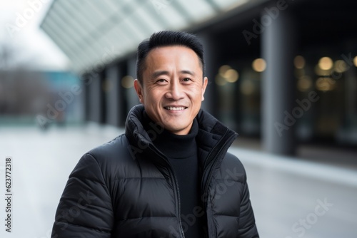 Portrait of a smiling asian man in winter jacket outdoors.