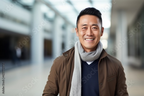 Portrait of a handsome asian man smiling at the camera outdoors
