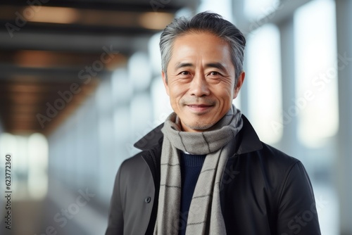 Portrait of smiling mature asian man in winter coat and scarf