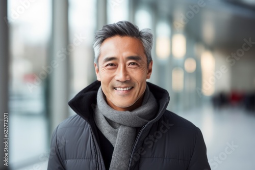 Portrait photography of a satisfied Chinese man in his 50s wearing a chic cardigan against a modern architectural background 