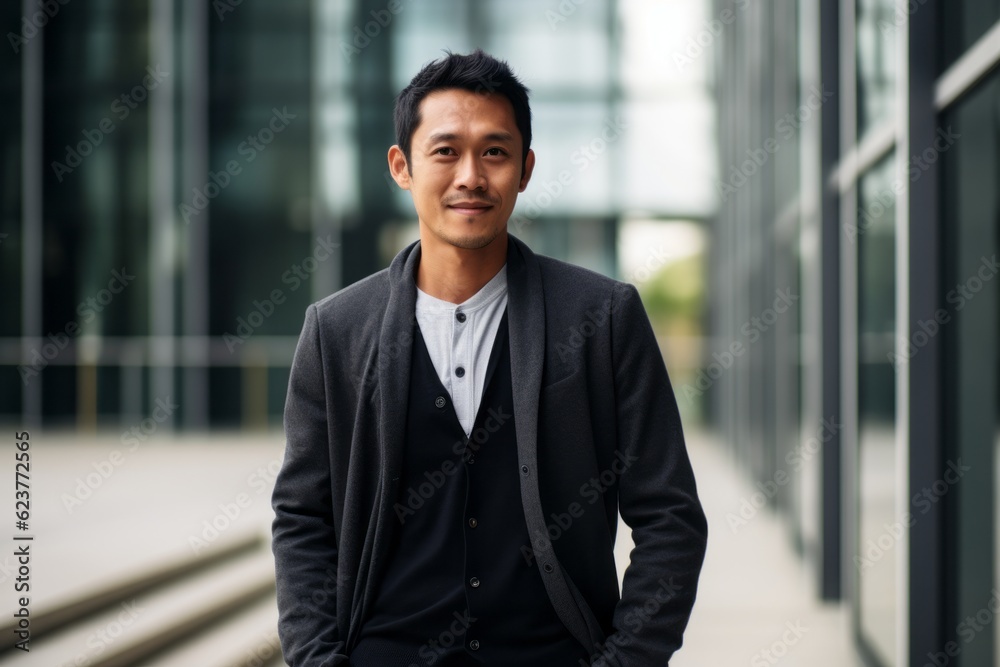 Portrait of a young asian businessman standing outside the office building