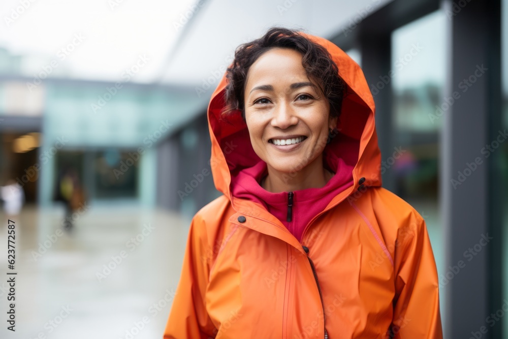 Portrait of smiling mature woman in raincoat standing in shopping center Portrait of smiling mature woman in raincoat standing in shopping center