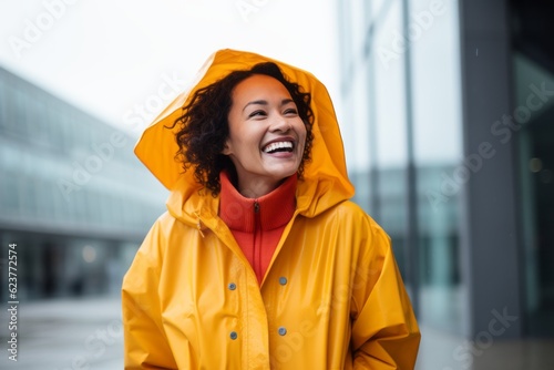 Cheerful african american woman in raincoat laughing outdoors