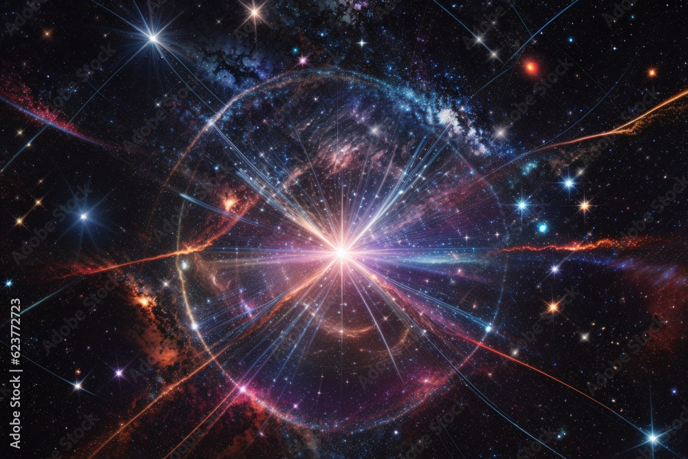 Naklejka premium Colorful space galaxy cloud nebula. Stary night cosmos. Universe science astronomy. Supernova background wallpaper. Generative Al