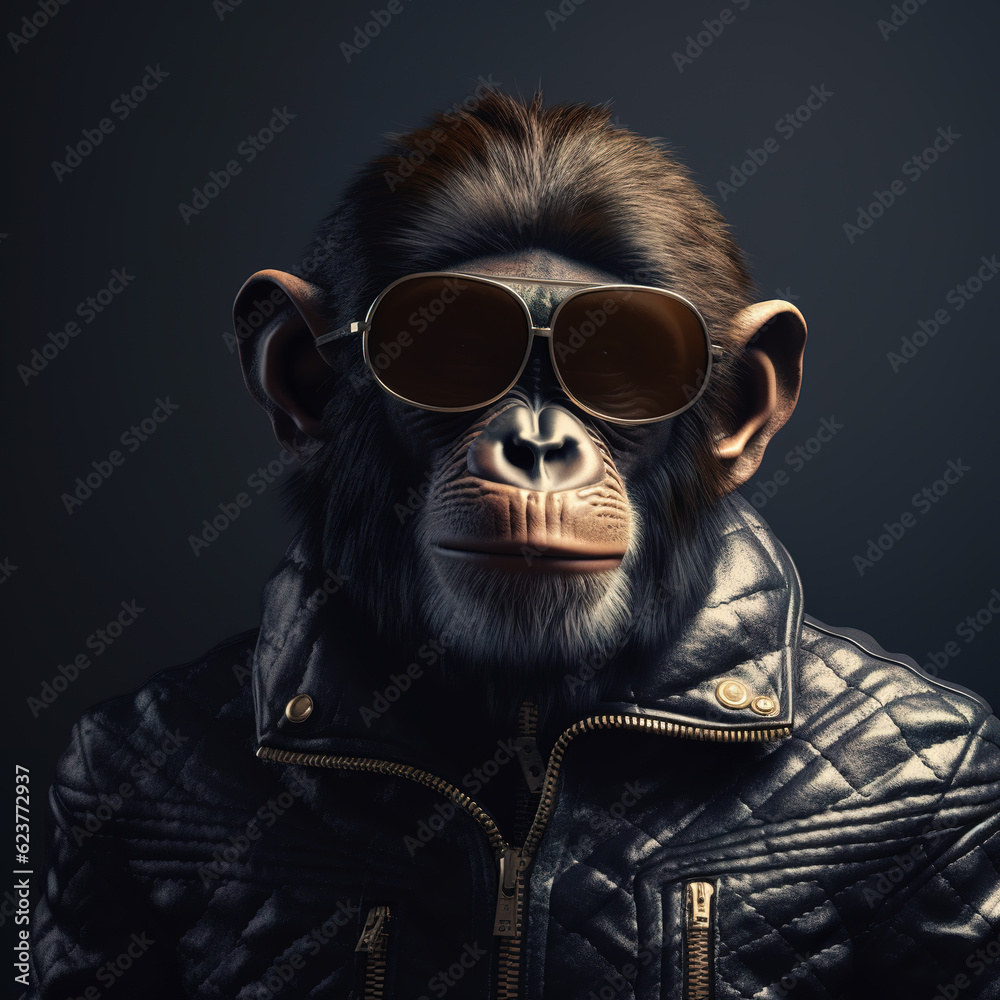 Image of a chimpanzee wore sunglasses and wore a black leather jacket on clean background. Wildlife Animals. Illustration, Generative AI. Image of a chimpanzee wore sunglasses and wore a black leather jacket on clean background. Wildlife Animals. Illustration, Generative AI.