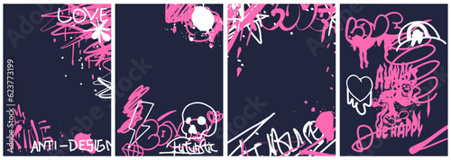 Graffiti poster set collection. Street art with splashes of paint, inscriptions, scribble and space for text Vector illustration