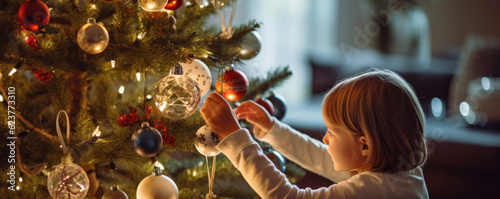 A happy girl decorating a large festive christmas tree with bauble decorations photo