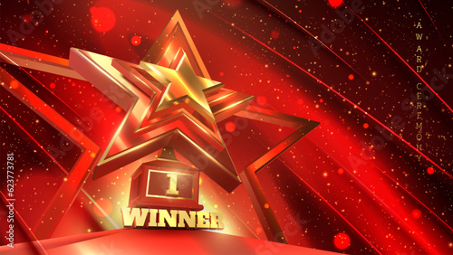 Award ceremony background with podium and 3d gold star element and glitter light effect decoration. Three dimensional winner lettering with number 1 on red trophy. Sparkling luxury scene.