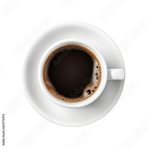 Isolated black coffee. White cup with saucer. Americano drink. Top view. Generative AI