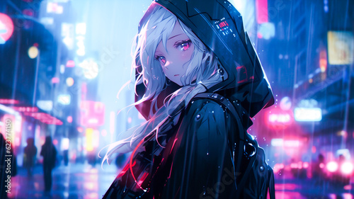 Anime girl character, cyberpunk cyborg in an urban cityscape on a rainy day. Created with Generative AI.