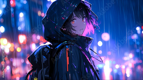 Anime girl character, cyberpunk cyborg in an urban cityscape on a rainy day. Created with Generative AI.