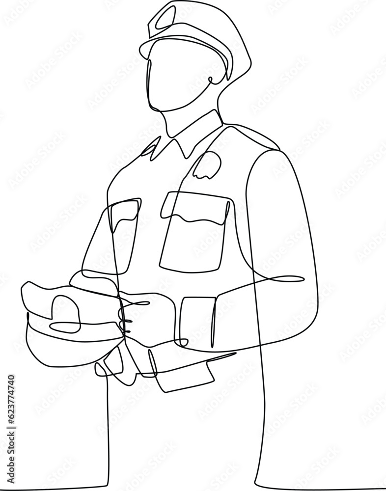 Single continuous line drawing of man officer holding her cap. Uniform minimalist concept. Simple Line, vector, continuous line. Single continuous line drawing of man officer holding her cap. Uniform minimalist concept. Simple Line, vector, continuous line.