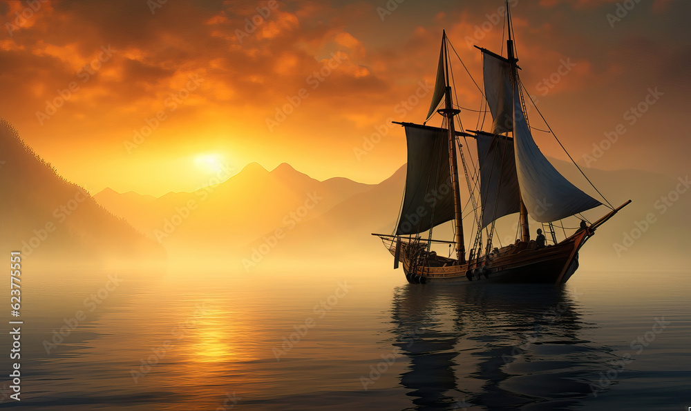 Sailing frigate anchored in quiet sea bay at dawn. Created using generative AI tools