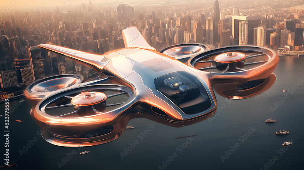 Futuristic aircraft soaring over ocean city: top view. Created using generative AI tools