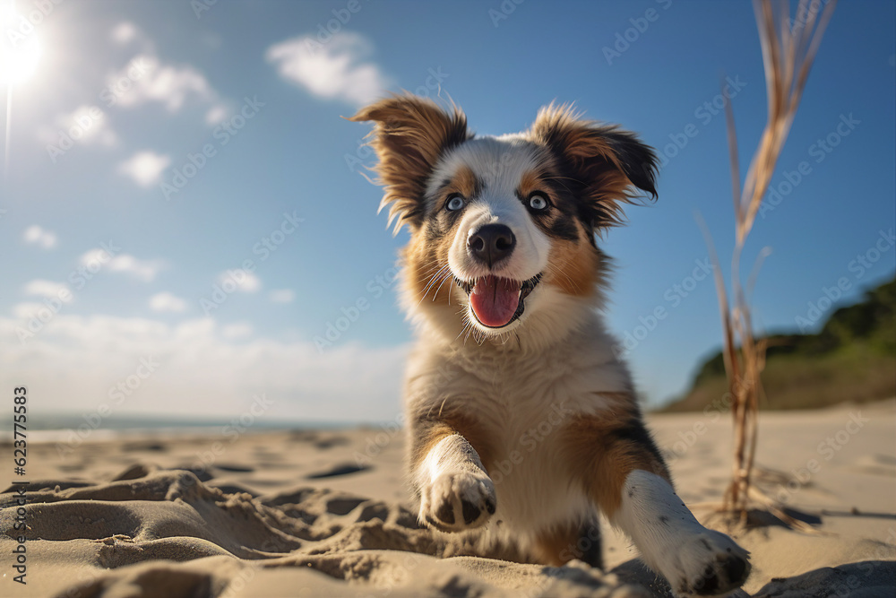Photo portrait image of little playful funny purebred dog running on sandy beach sunny day summer holiday generative ai technology