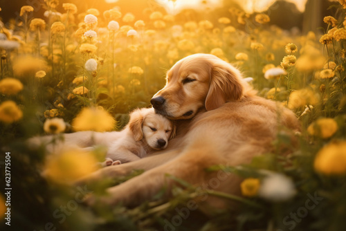 Artwork magazine imagination picture of cute charming mother dog puppy sleeping flower grass field made with generative ai visual effect