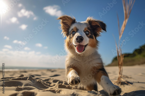 Photo portrait image of little playful funny purebred dog running on sandy beach sunny day summer holiday generative ai technology © deagreez