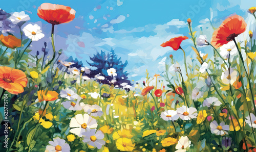 Bright watercolor meadow with flowers. Created using generative AI tools