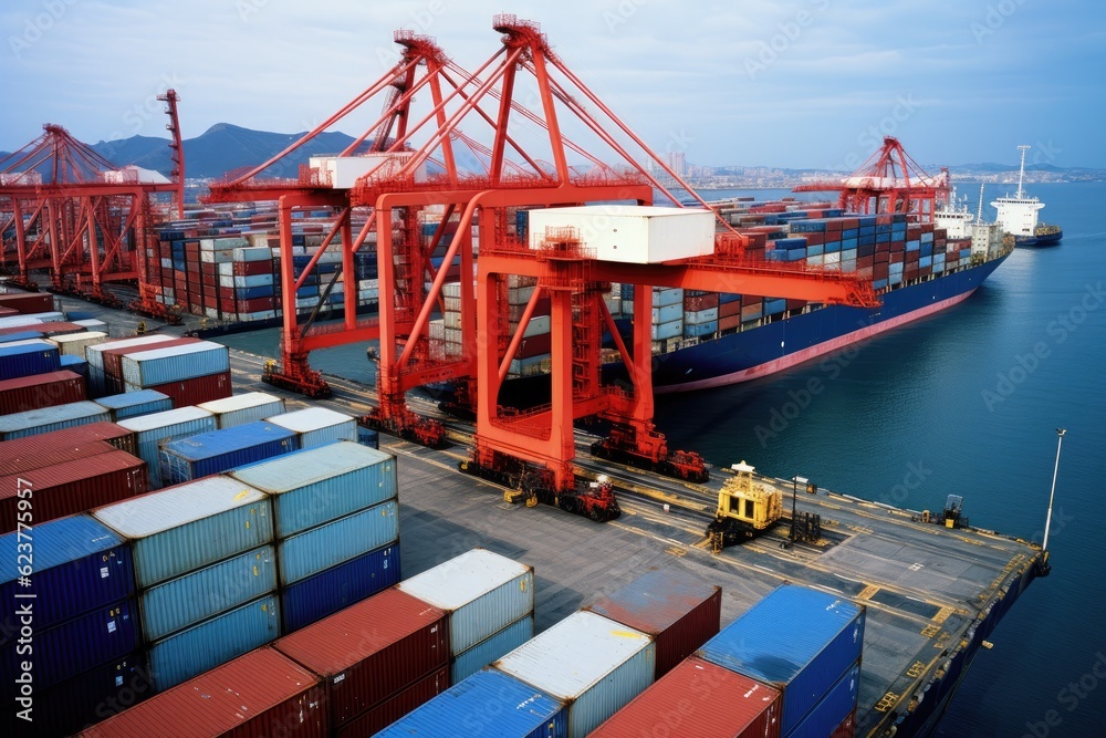 Fototapeta premium Vibrant and busy cargo port with ships, cranes, and containers
