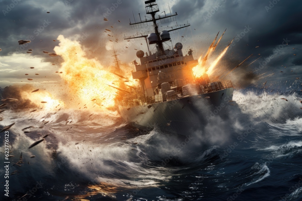 Epic battle of large naval ships on the open sea
