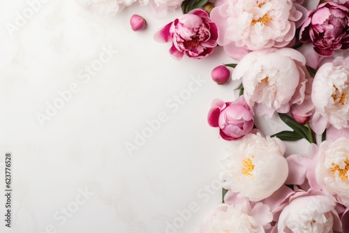 Frame with pink peonies on clear white background. Greeting card template for wedding, mothers or womans day. Springtime composition with copy space. Flat lay, top view