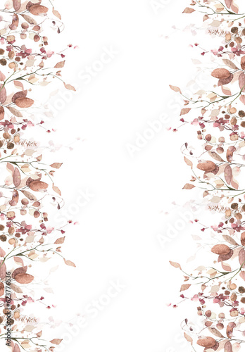 Watercolor painted seamless border. Orange and pink autumn wild flowers, branches, leaves and twigs. Isolated clipart.