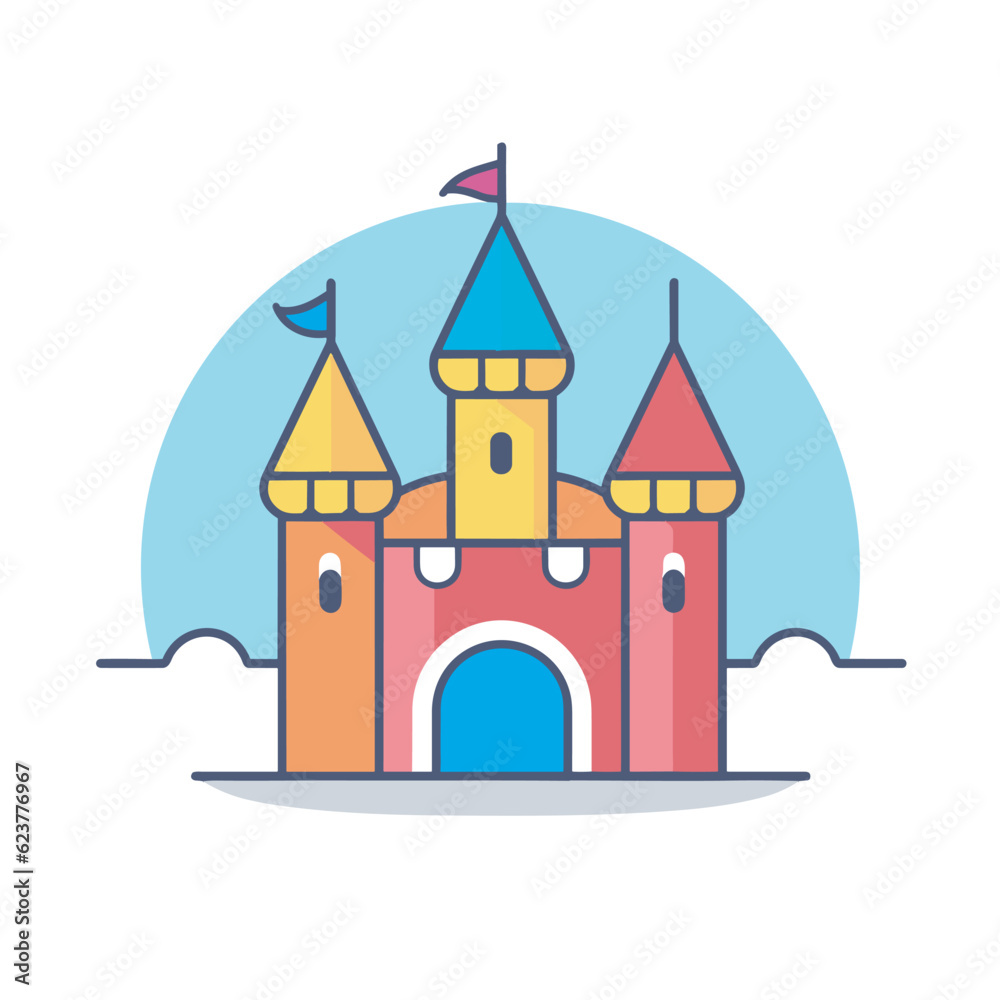 Vector of a colorful castle with a flag on top of it in a flat icon style
