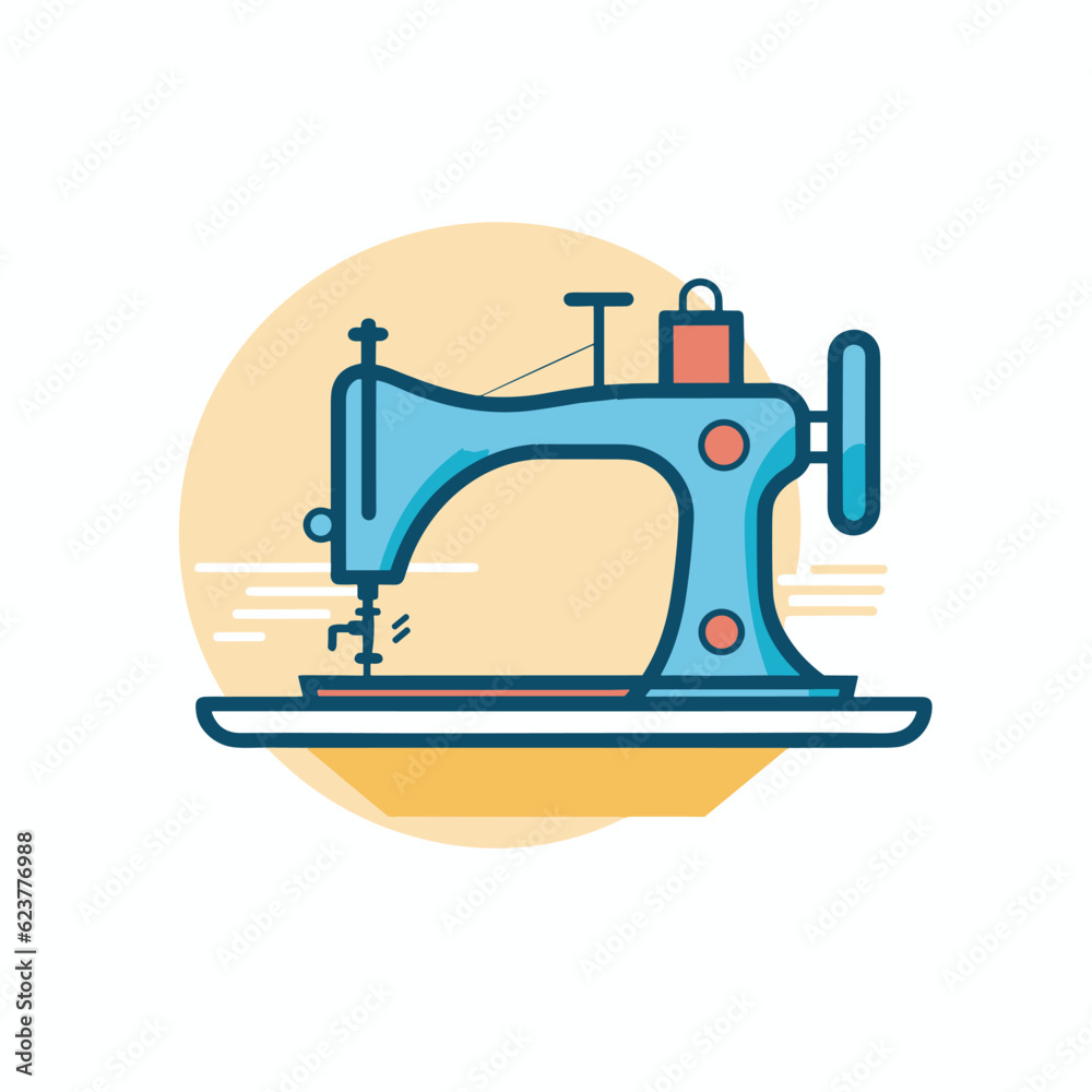 Vector of a flat vector icon of a sewing machine on a plate with a sun in the background