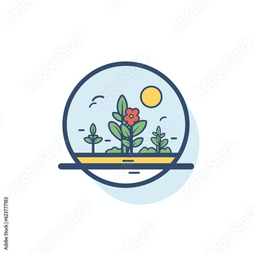 Vector of a flat icon vector of a plant in a bowl with a sun in the background