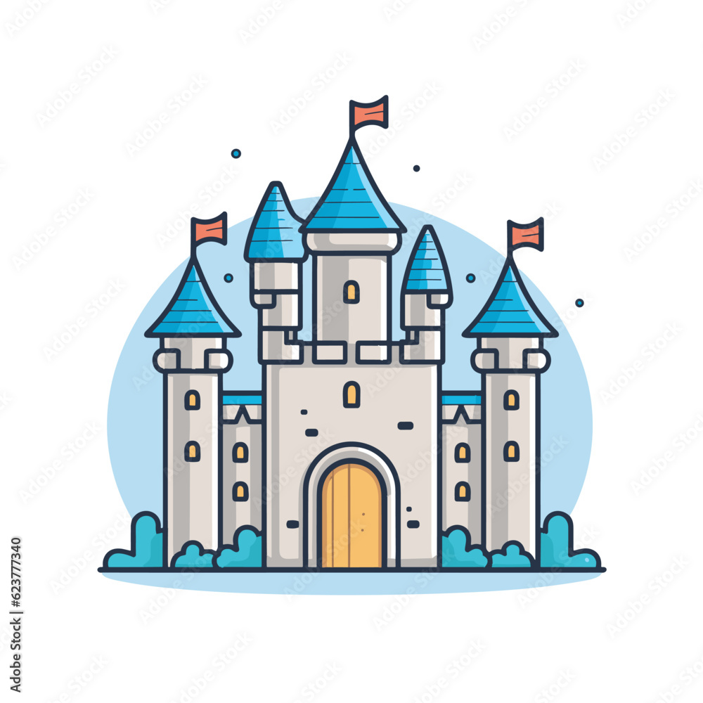 Vector of a castle with flags on top, in a flat and minimalist style
