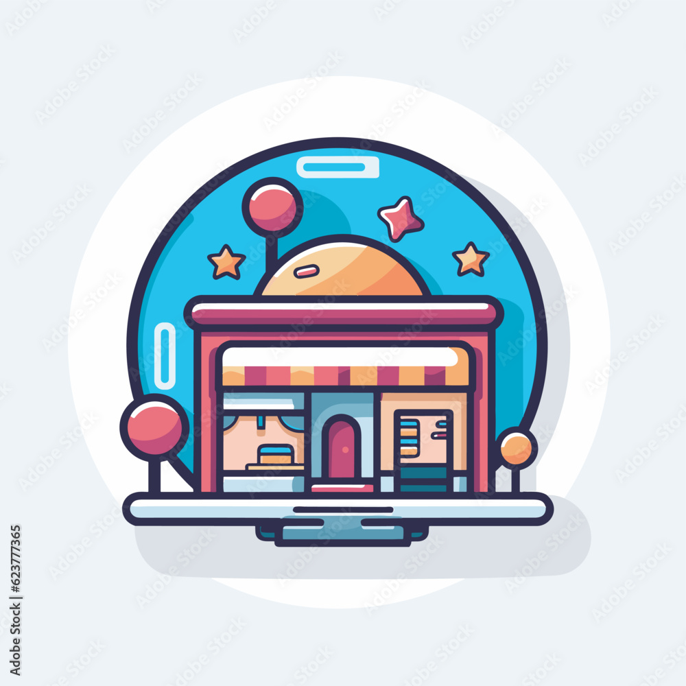 Vector of a small building icon with a sky background in a flat vector style