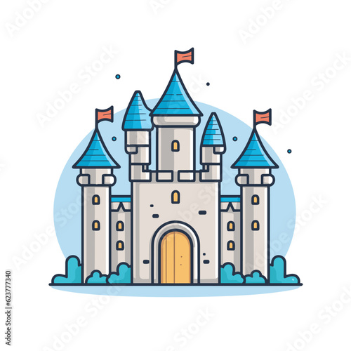 Vector of a castle with flags on top, in a flat and minimalist style