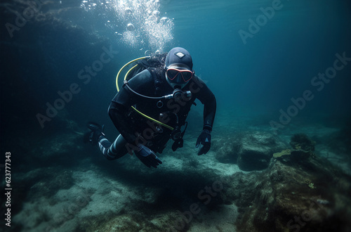 scuba diver explores the seabed © borisblik