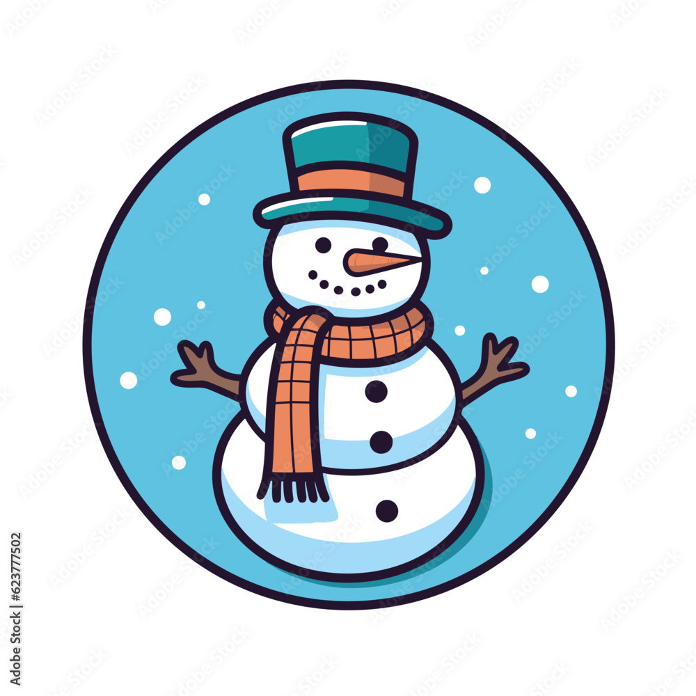 Vector of a snowman wearing a hat and scarf in a flat icon style